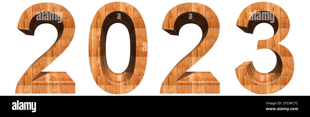 Concept ou conceptuel 2023 année en bois brun police de bois isolé sur fond blanc. Une illustration abstraite en 3D comme métaphore de l'avenir Banque D'Images