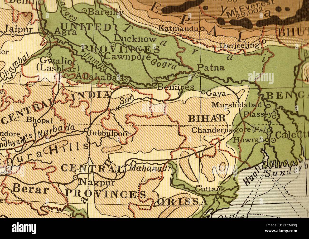 Carte géographique vintage en sépia montrant l'Inde centrale. Banque D'Images