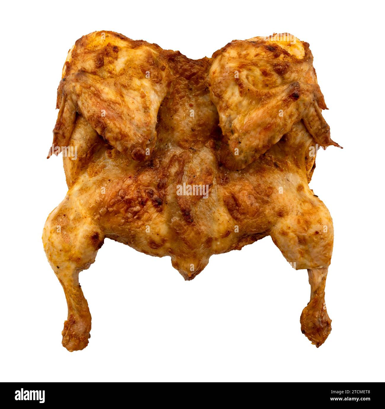 Poulet grillé sur fond blanc. Vue d'en haut. Isolat de poulet rôti entier Banque D'Images Poulet grillé sur fond blanc. Vue d'en haut. Isolat de poulet rôti entier Banque D'Images