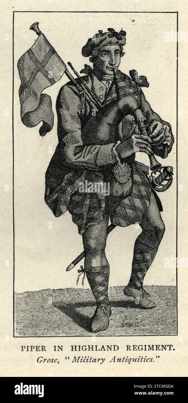 Piper jouant cornemuses, Soldat, Highland Regiment British Army 18th Century uniformes militaires, Histoire, illustration vintage Banque D'Images