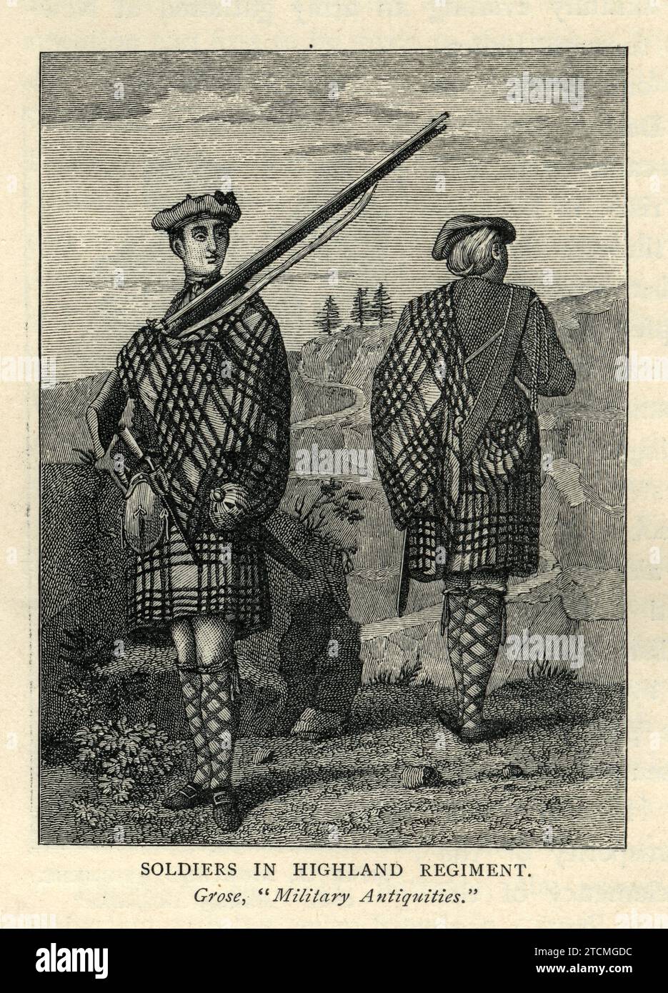 Soldats, Tartan kilts, Highland Regiment British Army 18th Century uniformes militaires, Histoire, illustration vintage Banque D'Images
