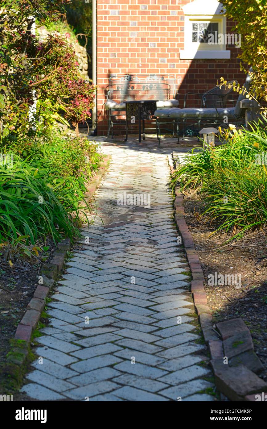 Motif de briques de style Herringbone utilisé comme chemin menant à une maison à Fredericksburg, en Virginie Banque D'Images