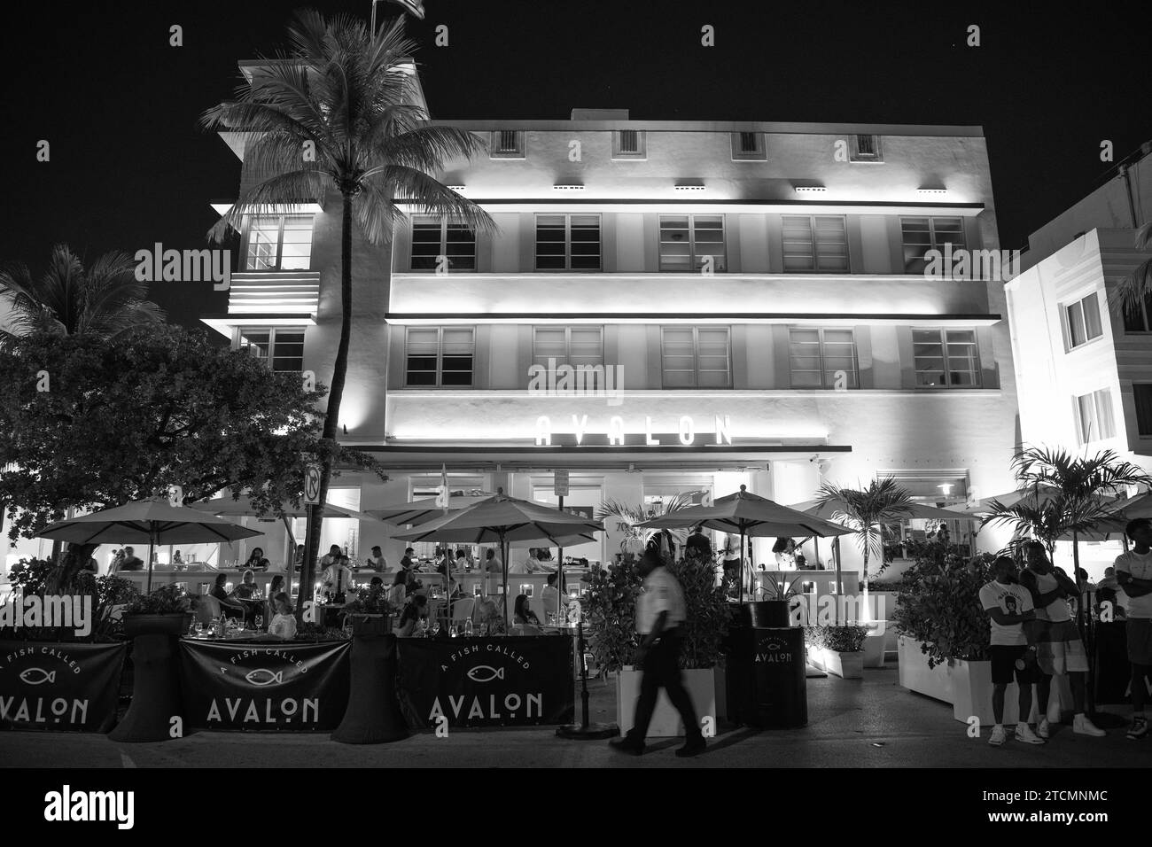 Miami, Floride États-Unis - 16 avril 2021: Miami South Beach Ocean Drive bâtiments illuminés dans la nuit ville de miami avec café Banque D'Images