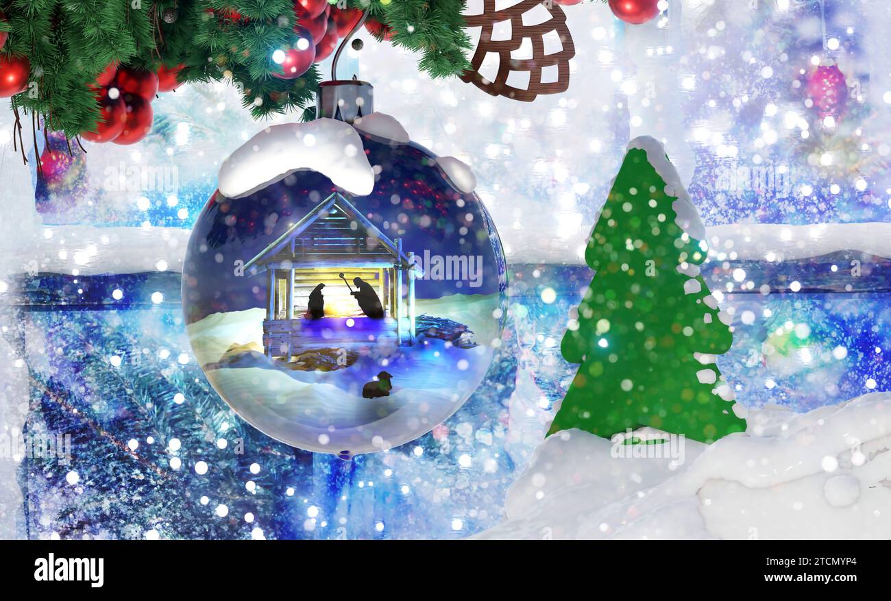 Fond de Noël avec boule et scène de la Nativité à Bethléem avec bébé Jésus dans la crèche, Vierge Marie et Joseph. Illustration de rendu 3D. Banque D'Images