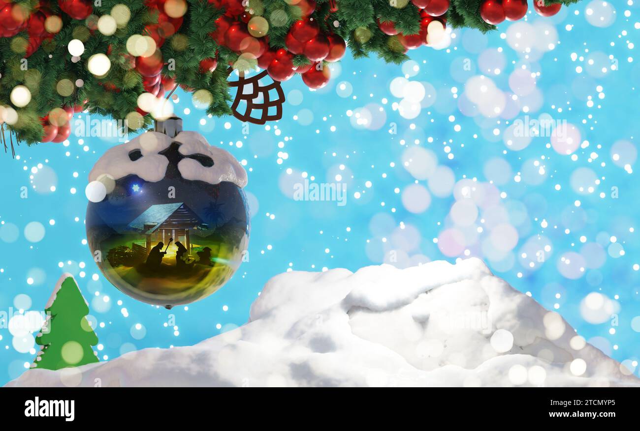 Fond de Noël avec boule et scène de la Nativité à Bethléem avec bébé Jésus dans la crèche, Vierge Marie et Joseph. Illustration de rendu 3D. Banque D'Images