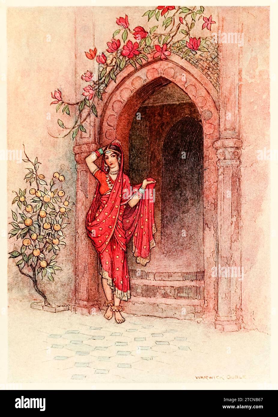 « À la porte se tenait une dame d’une beauté exquise » extrait de « Folk-Tales of Bengal » de Lal Behari Day (1824-1882), illustration de Warwick Goble (1862-1972). Photographie tirée d'une édition de 1912. Crédit : Collection privée / AF Fotografie Banque D'Images