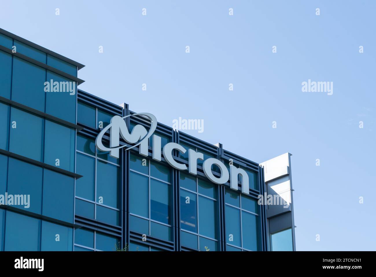 Logo micron sur l'immeuble de bureaux. San Jose, Californie, États-Unis Banque D'Images