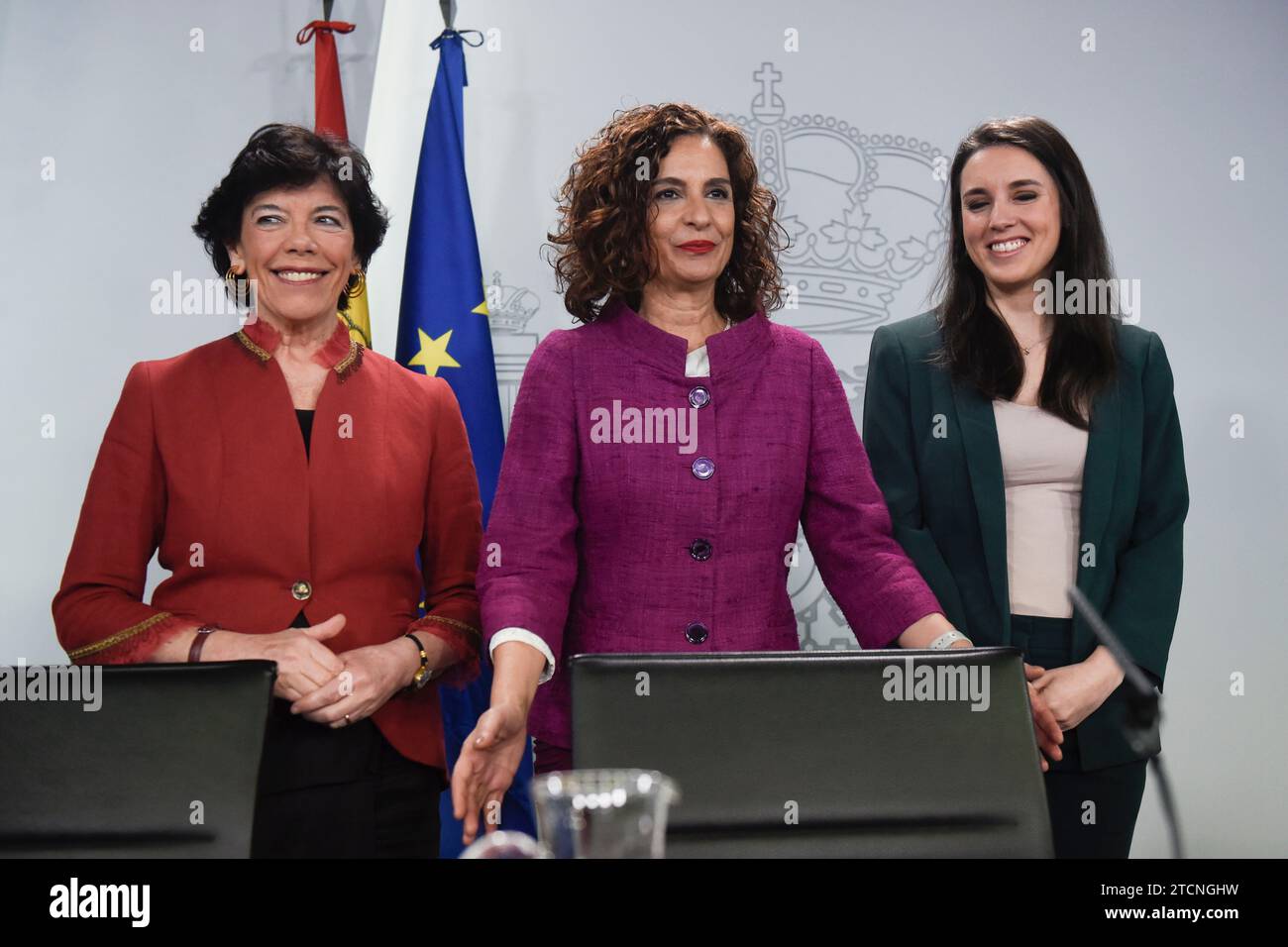 Madrid, 03/03/2020. Conférence de presse après le Conseil des ministres. Sur l'image, María Jesús Montero, Isabel Celaá et Irene Montero. Photo : Maya Balanya. ARCHDC. Crédit : Album / Archivo ABC / Maya Balanya Banque D'Images