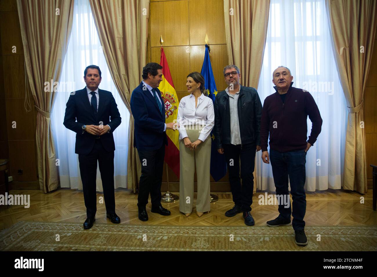 Madrid, 01/22/2020. La nouvelle ministre du travail et de l’économie sociale, Yolanda Díaz, rencontre les dirigeants des syndicats majoritaires, CC.OO. Et UGT, ainsi que ceux du CEOE. Photo : Ángel de Antonio. ARCHDC. Crédit : Album / Archivo ABC / Ángel de Antonio Banque D'Images