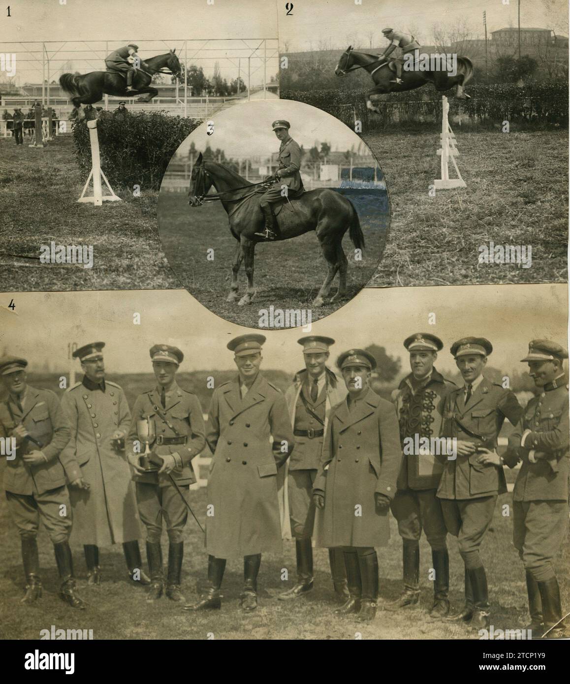 Madrid, mars 1924. Championnat de chevaux d'armes. 1 et 2, deux sauts notables. 3.- le vainqueur du championnat, le capitaine de Lanceros de Sagunto, M. Francisco J. Alfaro, avec son cheval 'quart d'heure'. 4.- S.H. Infante D. Fernando (x), avec les officiers, après le test. Crédit : Album / Archivo ABC / José Zegri Banque D'Images