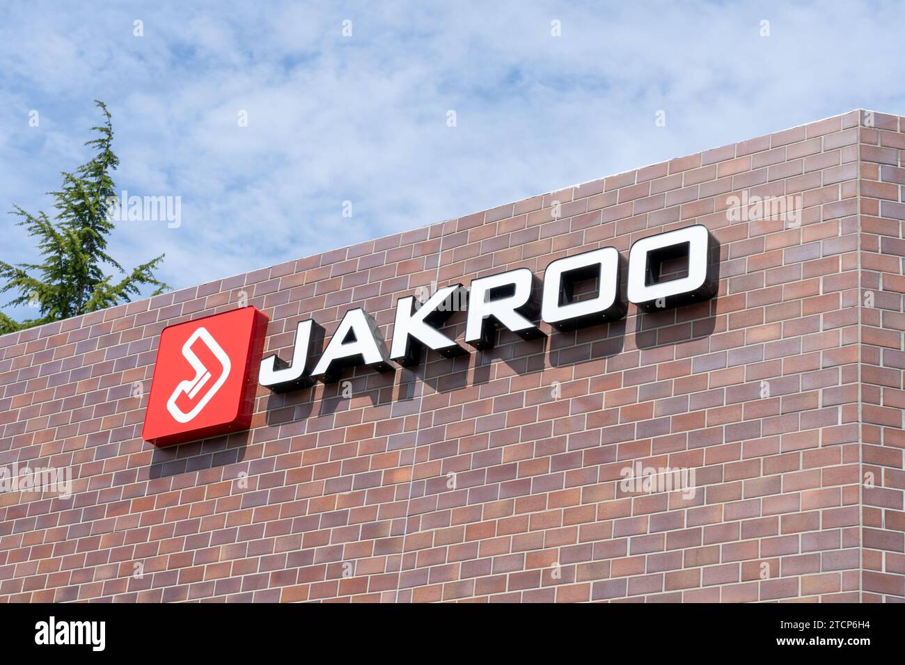 Jakroo Custom Apparel enseigne sur le bâtiment à Pleasanton, CA, USA Banque D'Images