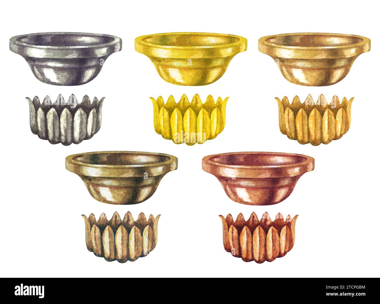 Aquarelle or, argent, bronze, laiton, cuivre long et court chandeliers avec texture métallique dans un style vintage pour Noël, nouvel an, chandeliers, mem Banque D'Images