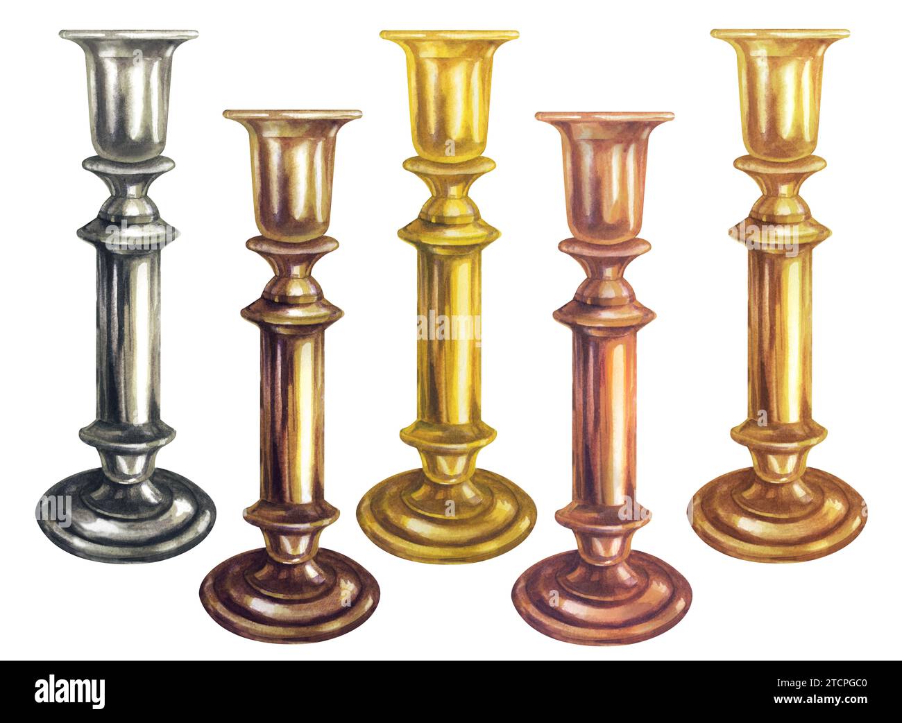 Aquarelle or, argent, bronze, laiton, cuivre long et court chandeliers avec texture métallique dans un style vintage pour Noël, nouvel an, chandeliers, mem Banque D'Images