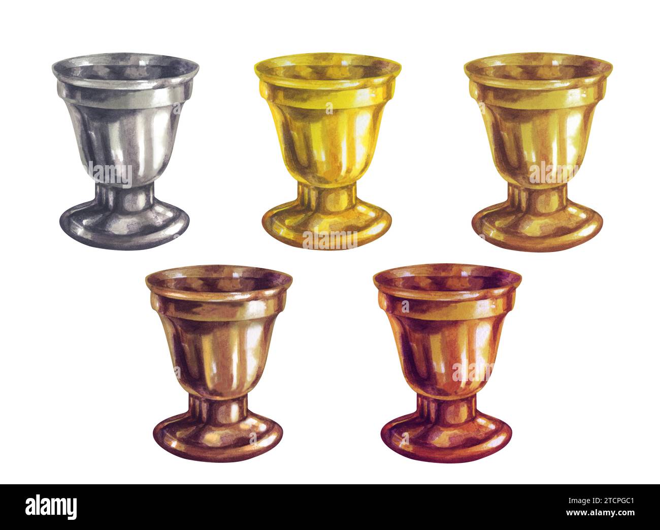 Aquarelle or, argent, bronze, laiton, cuivre long et court chandeliers avec texture métallique dans un style vintage pour Noël, nouvel an, chandeliers, mem Banque D'Images