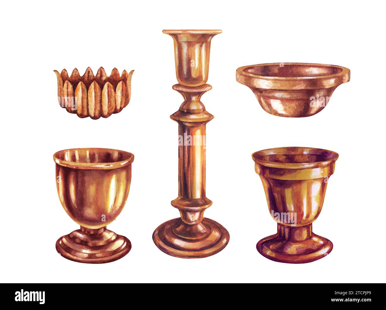 Aquarelle or, argent, bronze, laiton, cuivre long et court chandeliers avec texture métallique et brillance dans le style vintage pour Noël, nouvel an, Cand Banque D'Images