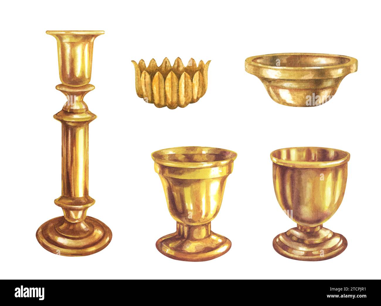 Aquarelle or, argent, bronze, laiton, cuivre long et court chandeliers avec texture métallique et brillance dans le style vintage pour Noël, nouvel an, Cand Banque D'Images