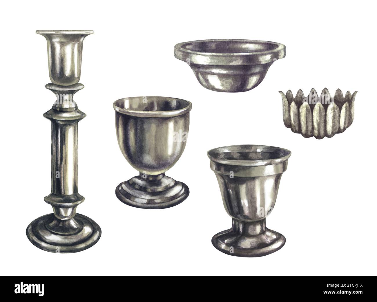 Chandeliers longs et courts argentés aquarelle avec texture métallique et brillance dans le style vintage pour Noël, nouvel an, chandeliers, mémorial, mariage, bir Banque D'Images