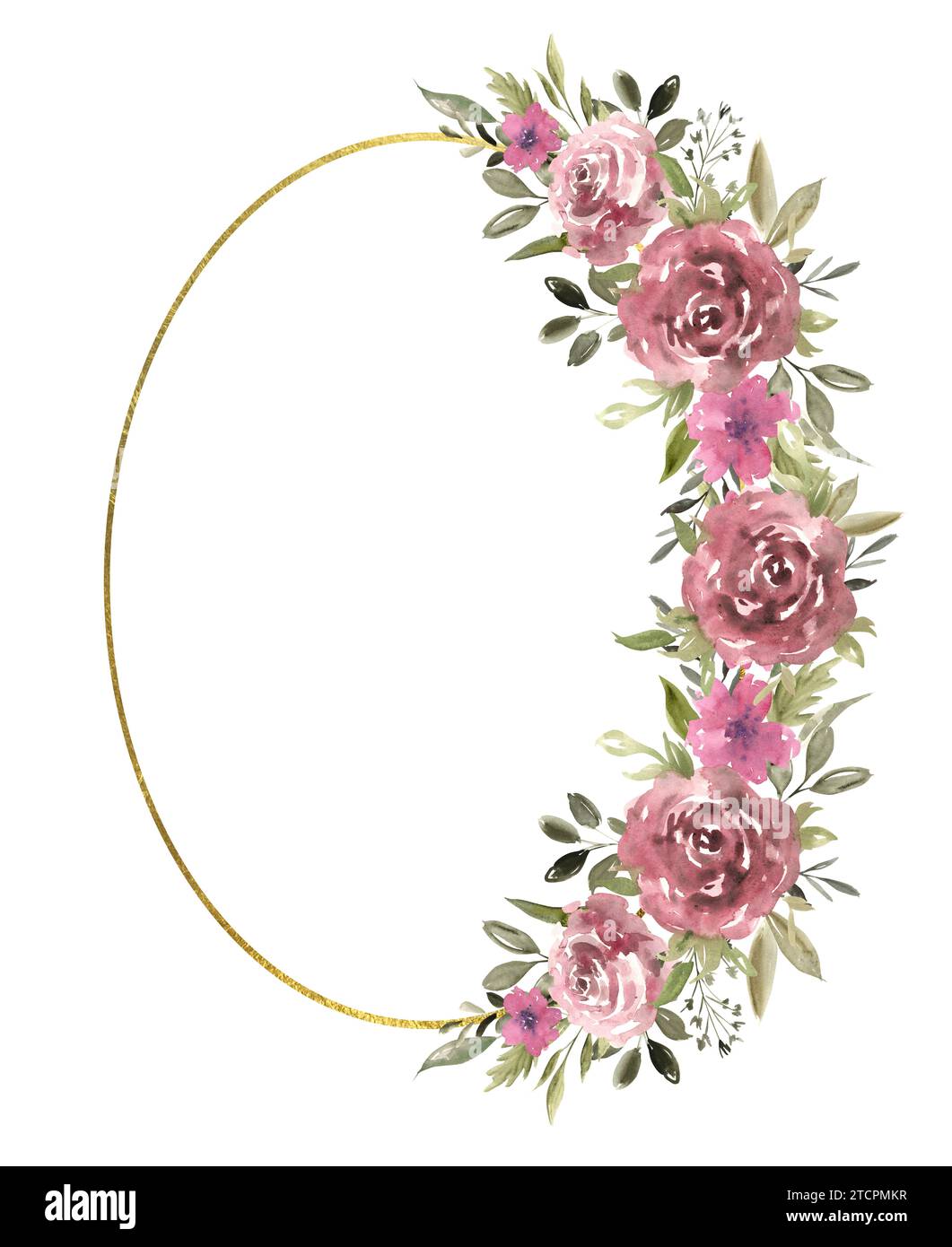 Cadre ovale floral avec de belles roses et de la verdure, cadre de texture dorée. Illustration à l'aquarelle dessinée à la main du modèle botanique pour l'accueil Banque D'Images