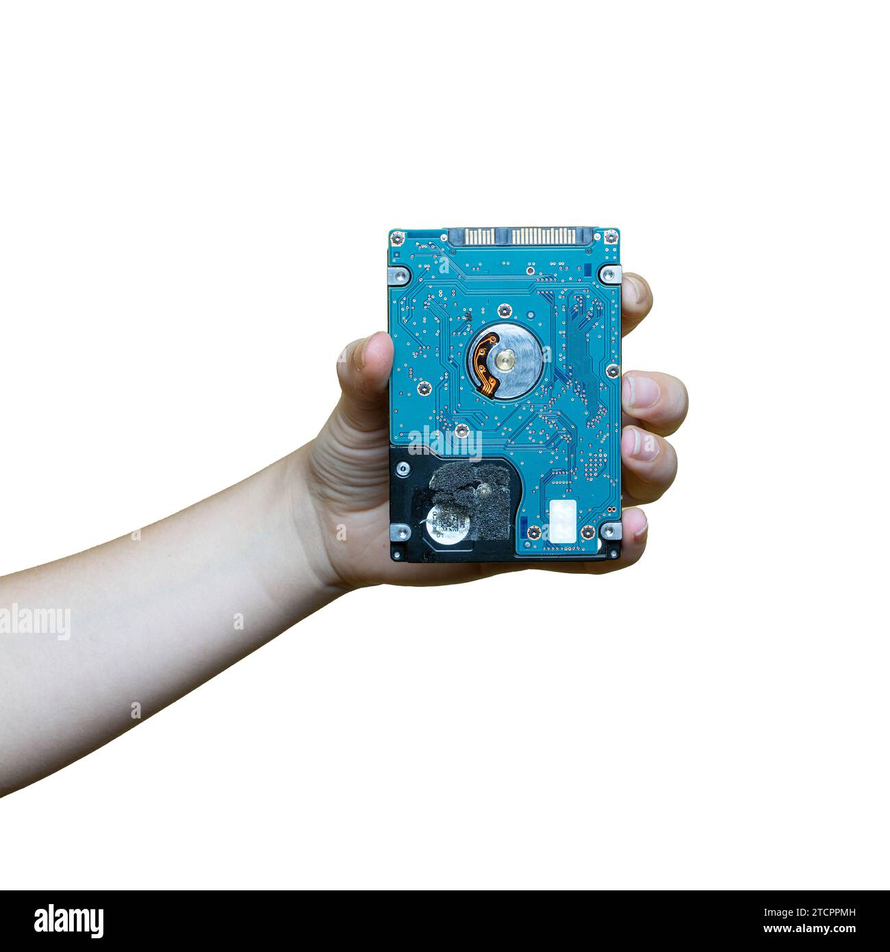 Un disque dur de 2,5 pouces dans la main d'une femme avec un fond transparent Banque D'Images