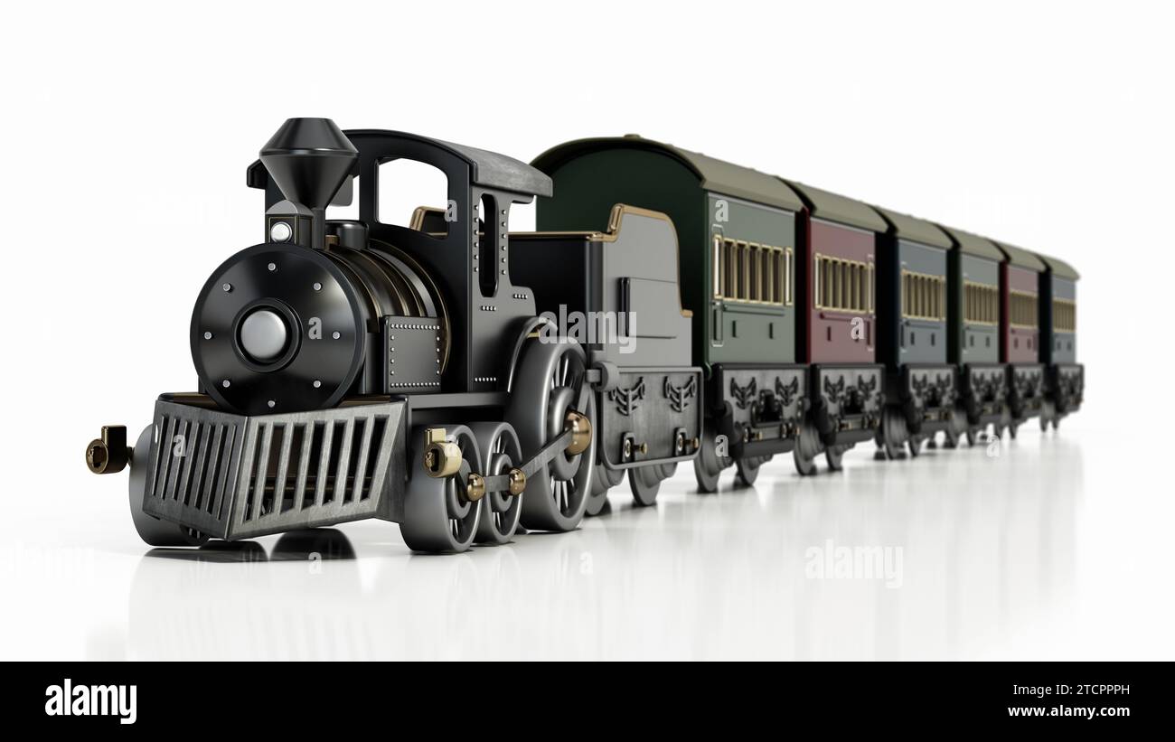 Train jouet isolé sur fond blanc. Illustration 3D. Banque D'Images