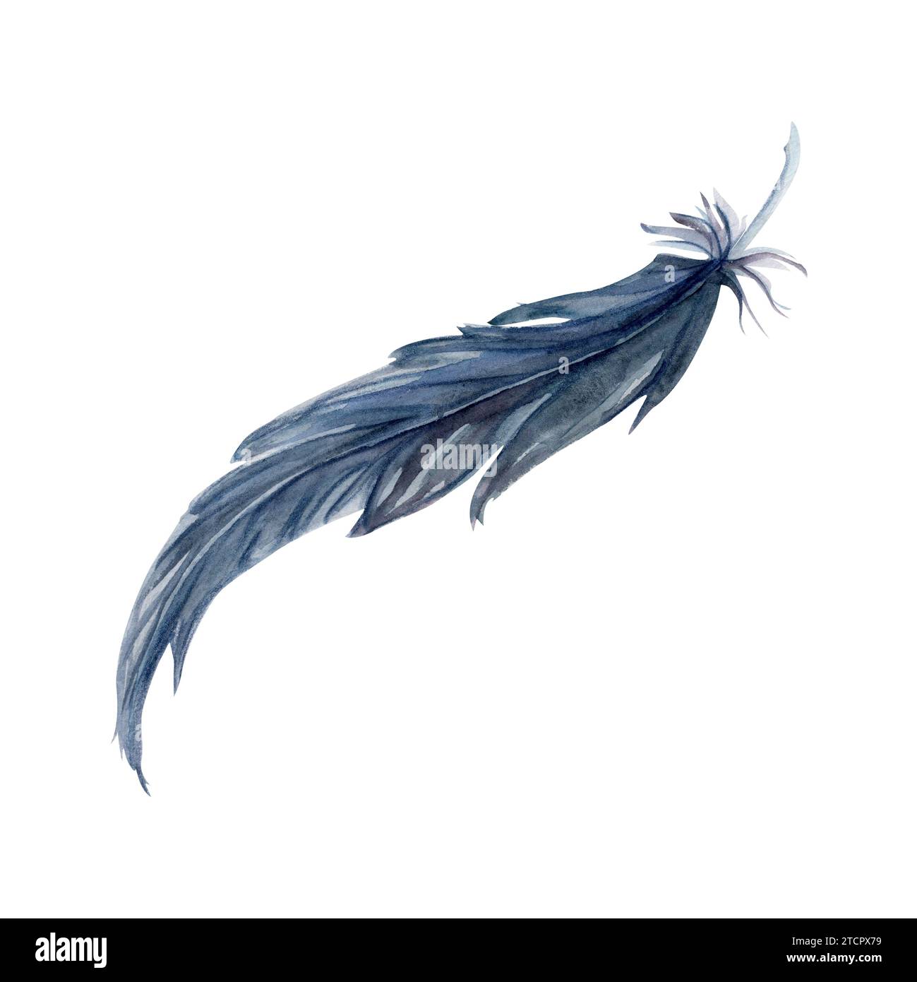 Aquarelle d'oiseau plume plume plume plume Quill Boho tribal ethnique indien bleu noir. Objet unique isolé sur fond blanc. Amulette de charme design Banque D'Images