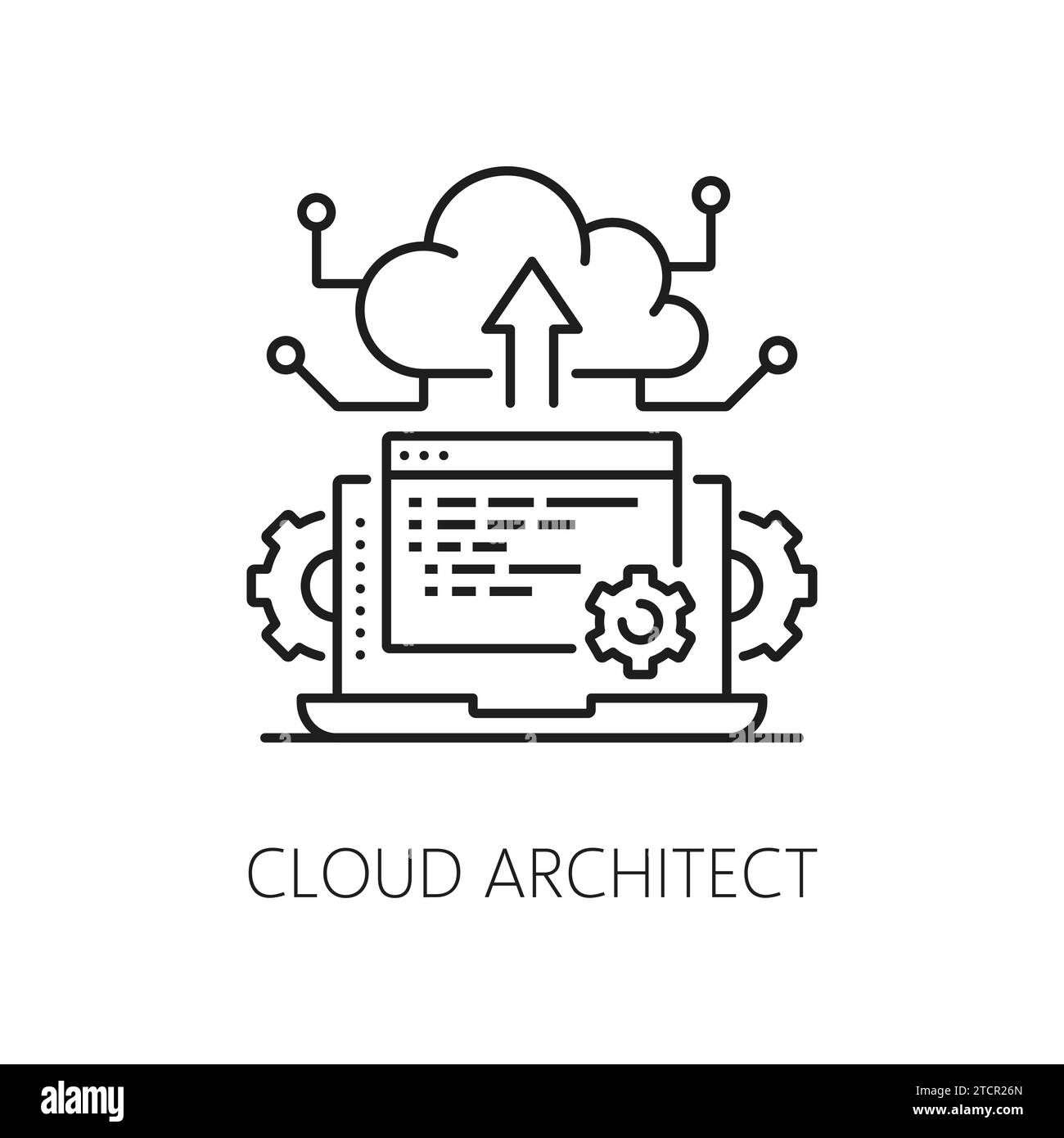 Architecte cloud, icône spécialiste INFORMATIQUE DE L'ingénieur de stockage de données et de la gestion de réseau numérique, vecteur de ligne. Pictogramme de spécialiste en ingénierie du cloud de données et du stockage Web de la ligne mince du cloud de serveur Illustration de Vecteur