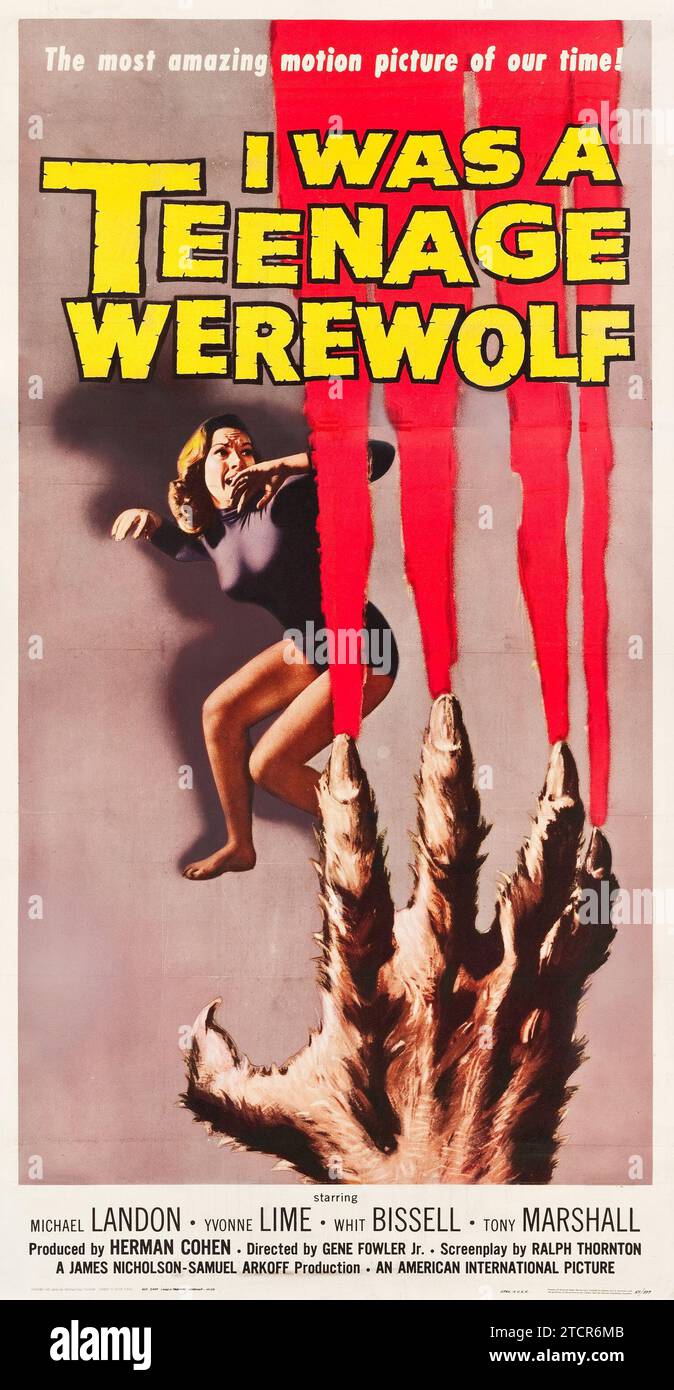 Affiche de film vintage pour le film I was a Teenage Werewolf (1957) avec Michael Landon. Reynold Brown artwork - affiche de film d'horreur Banque D'Images