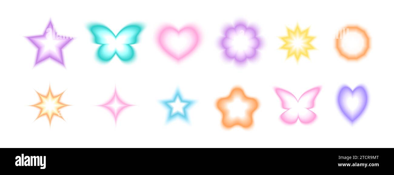 Ensemble de stickers tendance y2k avec effet aura dégradé. Jolie étoile, éclat, fleur, papillon, formes de coeur en néon, holographique, style flou isolé sur fond blanc. Illustration vectorielle Illustration de Vecteur
