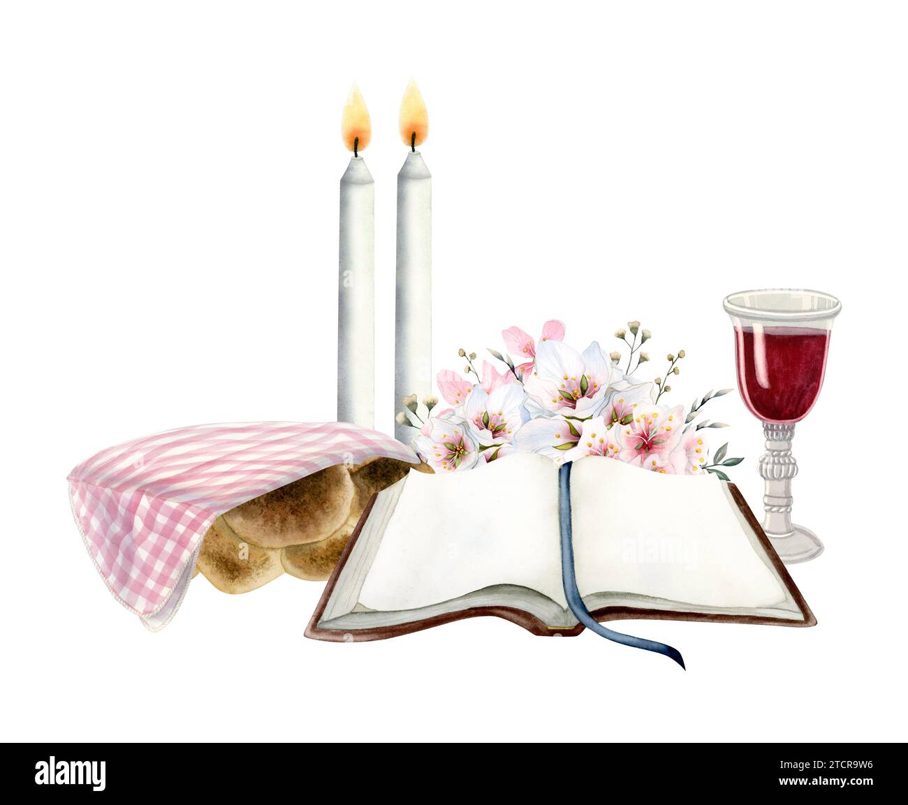 Scène de Shabbat avec livre ouvert de Torah, deux bougies, challah avec couverture, verre de vin rouge et illustration d'aquarelle de fleurs Banque D'Images