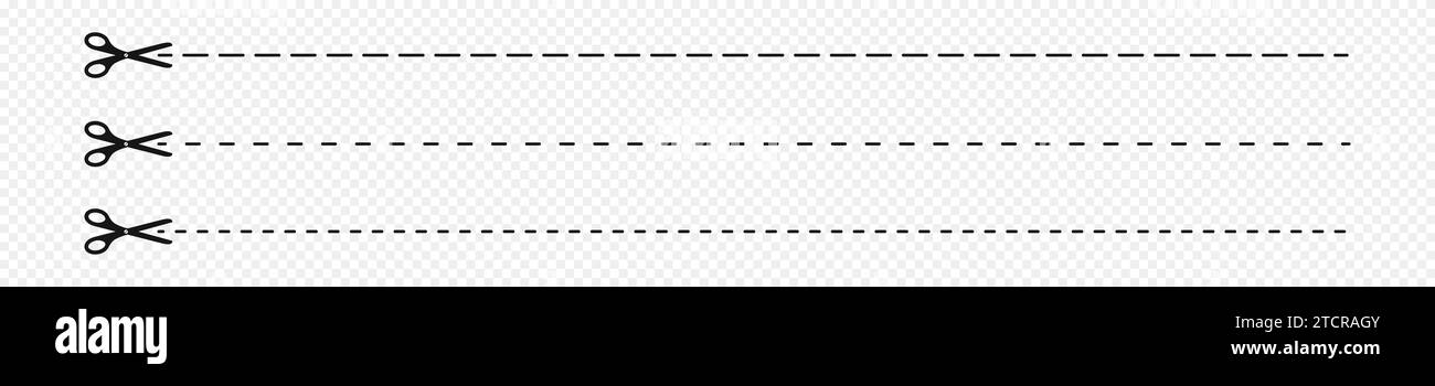 Ensemble de pictogrammes découpés ici. Signes de récolte, de décapage ou de séparation. Icônes de ciseaux avec des lignes pointillées isolées sur fond transparent. Illustration graphique vectorielle Illustration de Vecteur