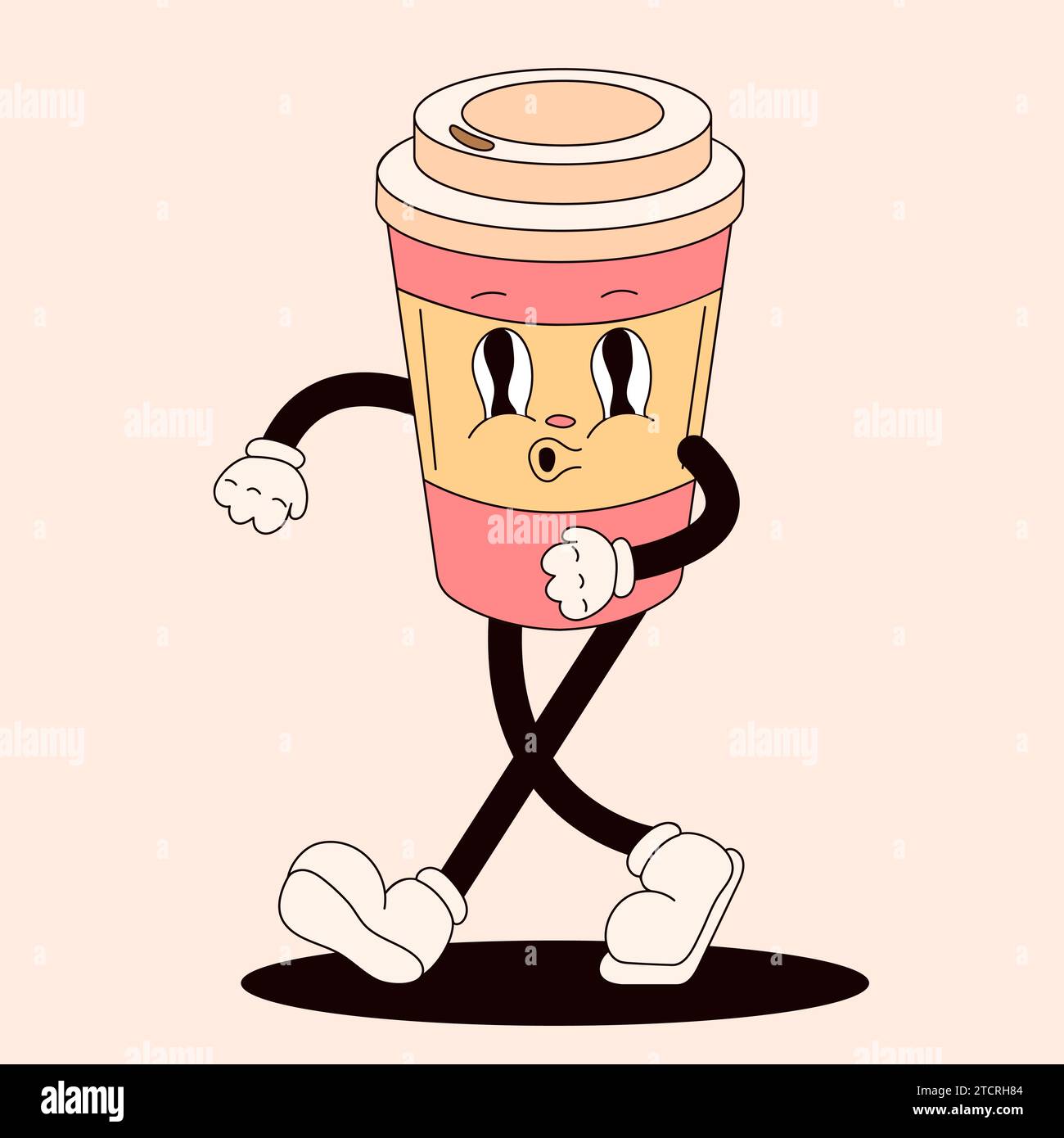 Caractère groovy rétro sous la forme d'une tasse jetable. Masco de dessin animé marchant. Illustration vectorielle dessinée à la main isolée sur un fond de pêche. Illustration de Vecteur