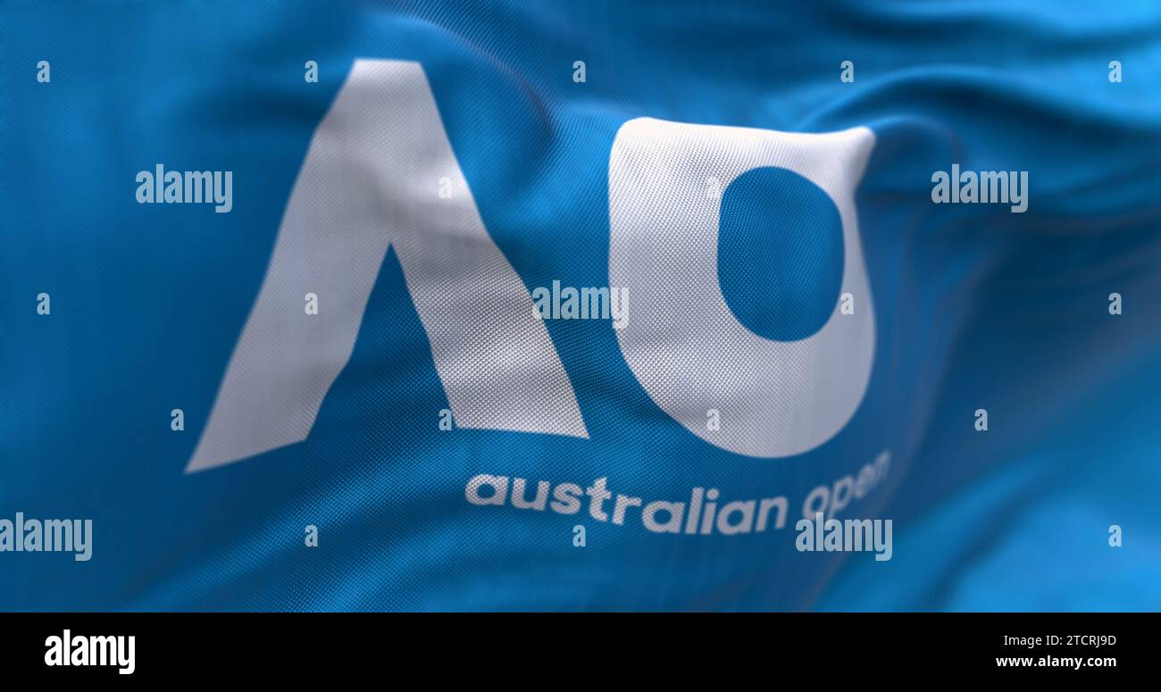 Melbourne, au, décembre 1 2023 : gros plan sur le drapeau de l'Open d'Australie. Tournoi de tennis organisé chaque année à Melbourne. Événement sportif. Tissu ondulé. Texture Banque D'Images