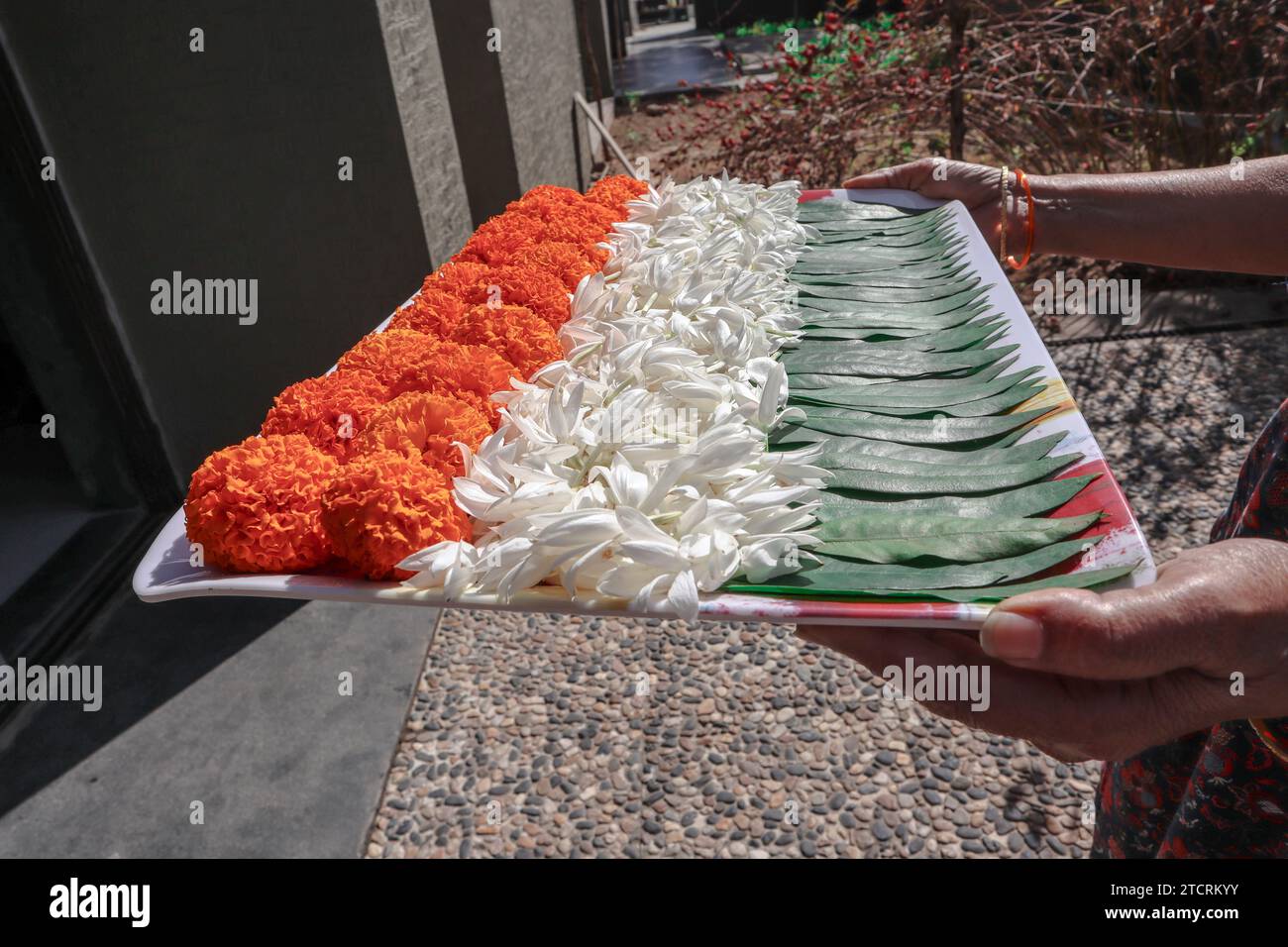 Célébrations du jour de la République et jour de l'indépendance de l'Inde célébrant avec des fleurs fraîches tricolores Banque D'Images