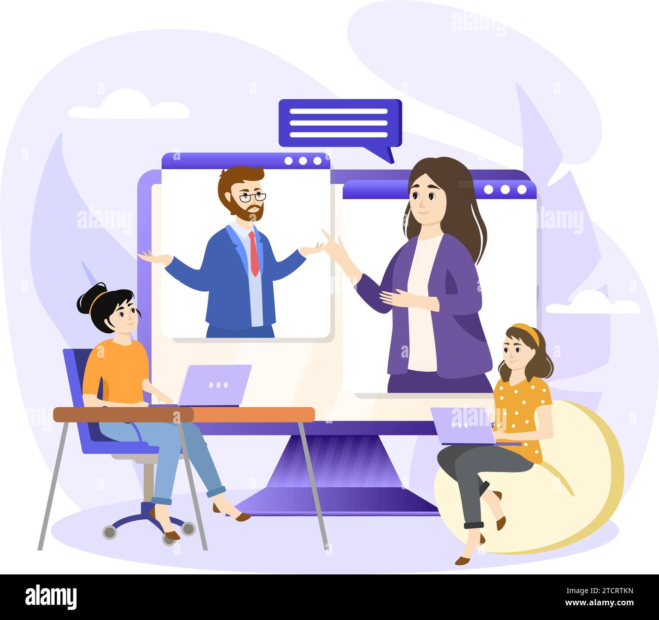 Illustration de l'apprentissage collaboratif. Étudiants travaillant en groupe. Enseignement à distance. Vue de dessus des adolescents se préparant aux leçons. Illustration de Vecteur