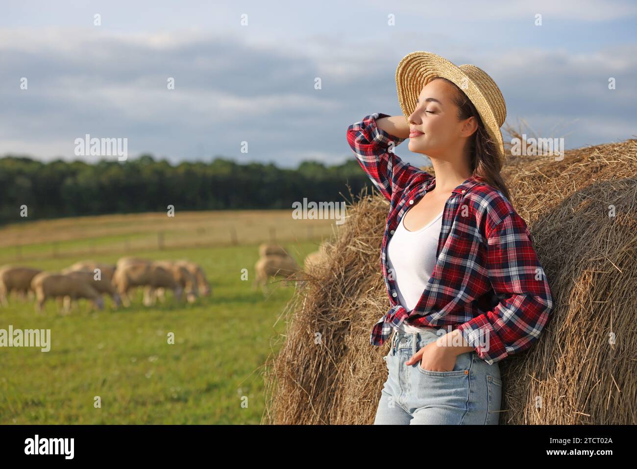 Belle femme près de balle de foin à la ferme. Espace pour le texte Banque D'Images