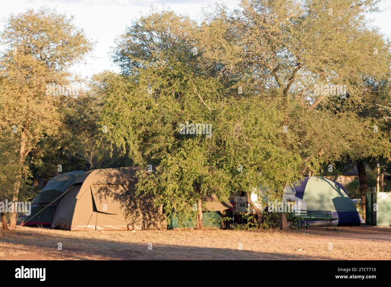 Camp de repos Letaba, Parc National Kruger, Afrique du Sud - 14 avril 2012 : tentes à l'ombre sous les arbres dans le camping, cadre paisible, tranquili Banque D'Images