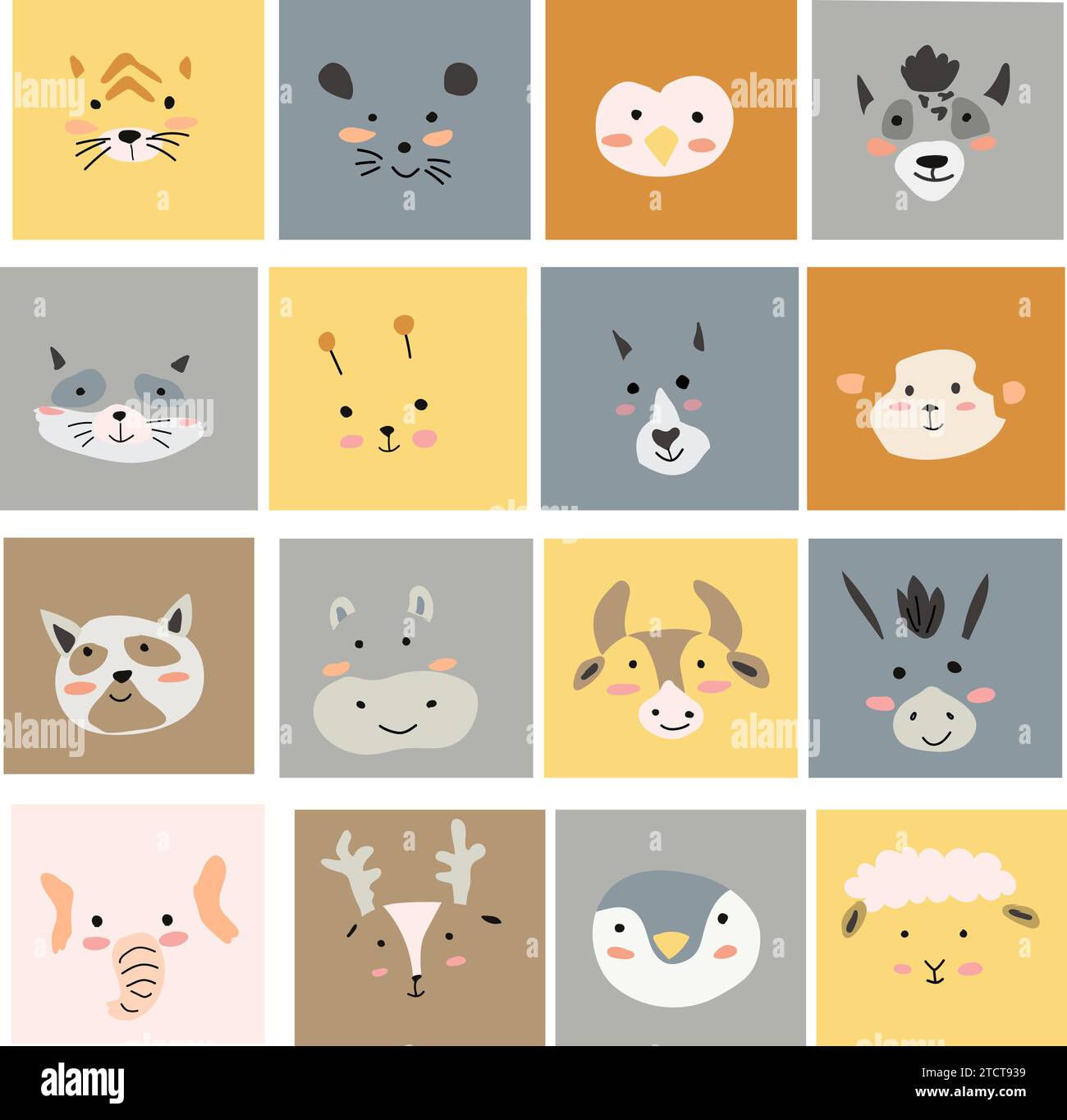grand ensemble de portraits d'animaux simples dans le style dessiné à la main. Personnages d'animaux sauvages de forêt et de jungle et animaux domestiques. Illustration vectorielle dans des couleurs tendance scandinaves. Peut être utilisé pour la conception de pépinière. Illustration de Vecteur