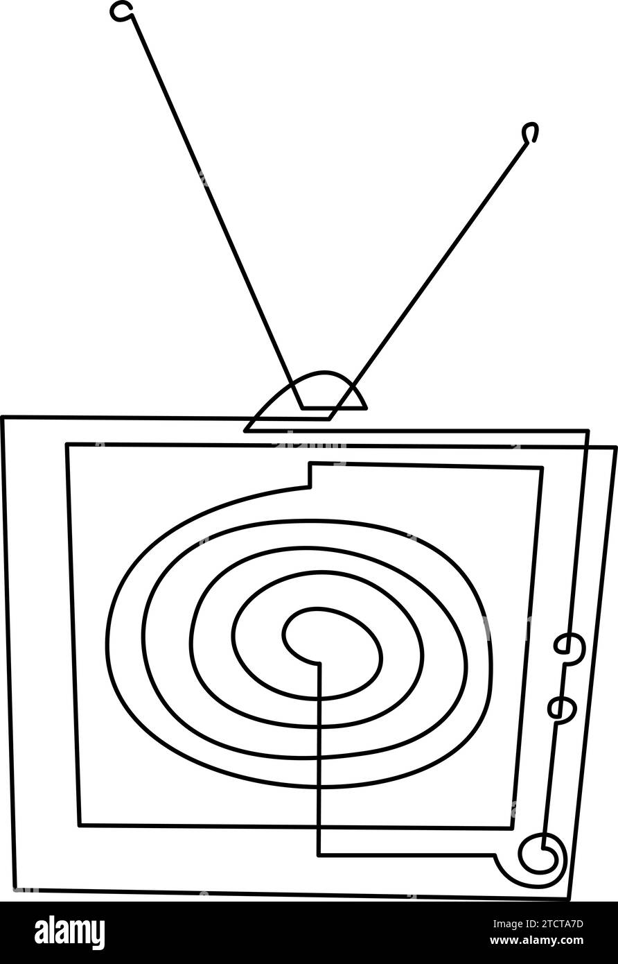 Spirale hypnotique sur le dessin de ligne continue de l'écran de télévision. Métaphore du contrôle mental par la télévision, la propagande, le lavage de cerveau et la manipulation. Vecteur il Illustration de Vecteur