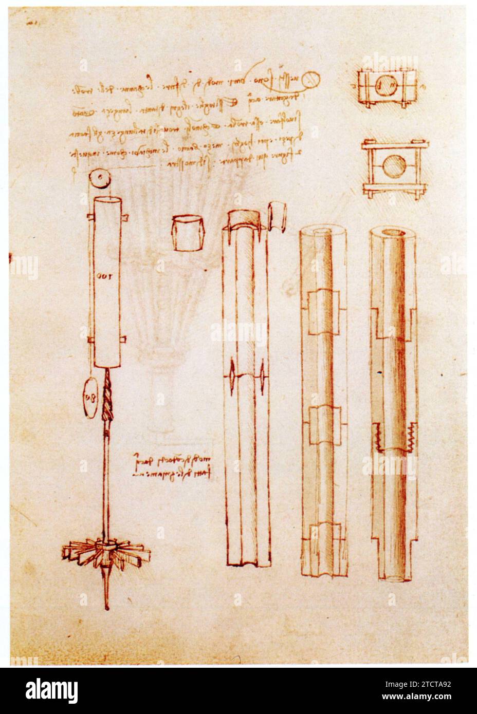 Leonardo da Vinci.1452-1519.Tuyaux de bois modulaires pour les conduite d'eau. Banque D'Images