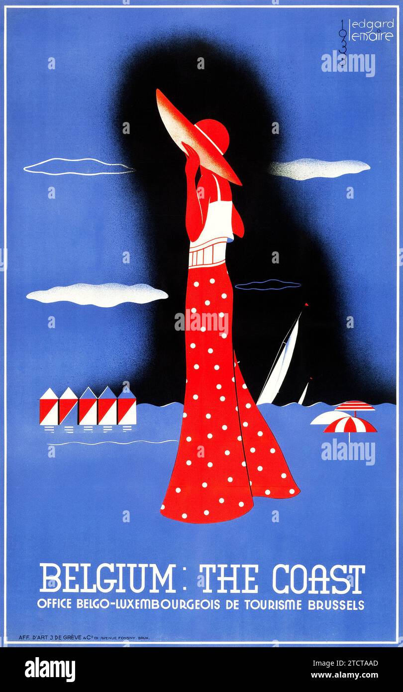 Affiche de voyage en Belgique (Office de Tourisme de Belgo-Luxembourg, 1933) 'Belgique, la Côte' oeuvre d'Edgard Lemaire Banque D'Images