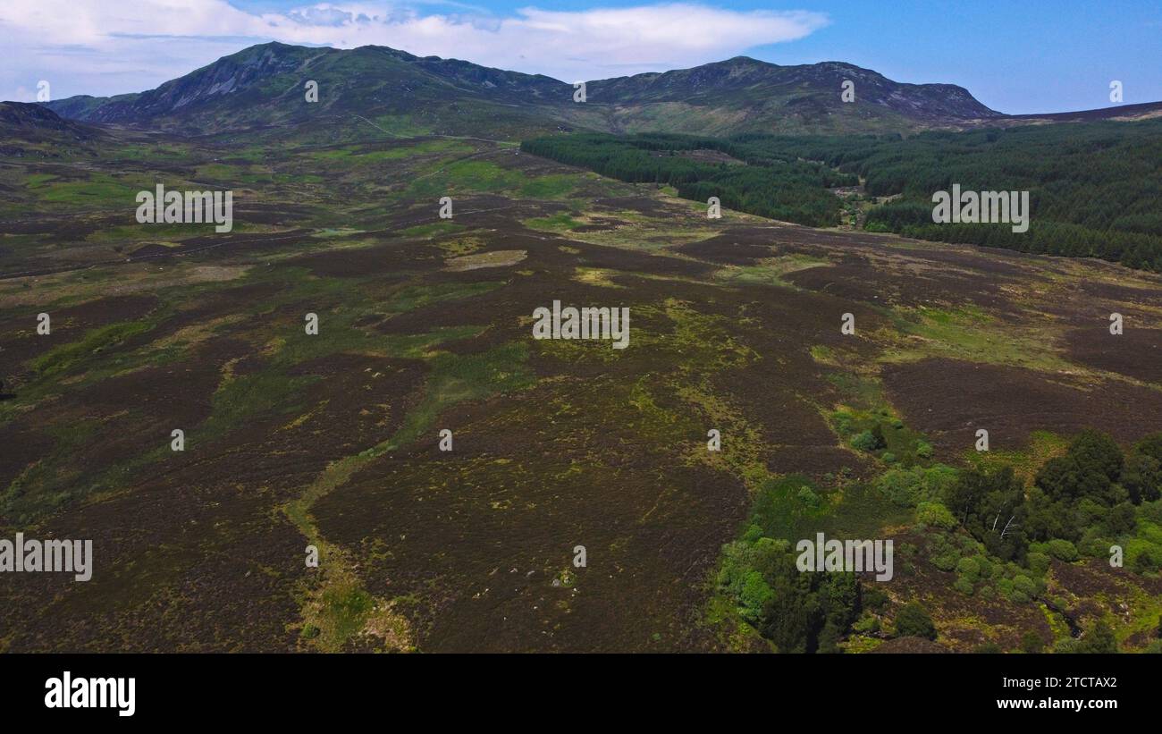 Vue aérienne des landes de tétras et des forêts au sud de Ben y Vrackie près de Pitlochry dans le parc national de Cairngorms dans les Highlands écossais d'Écosse, Royaume-Uni Banque D'Images