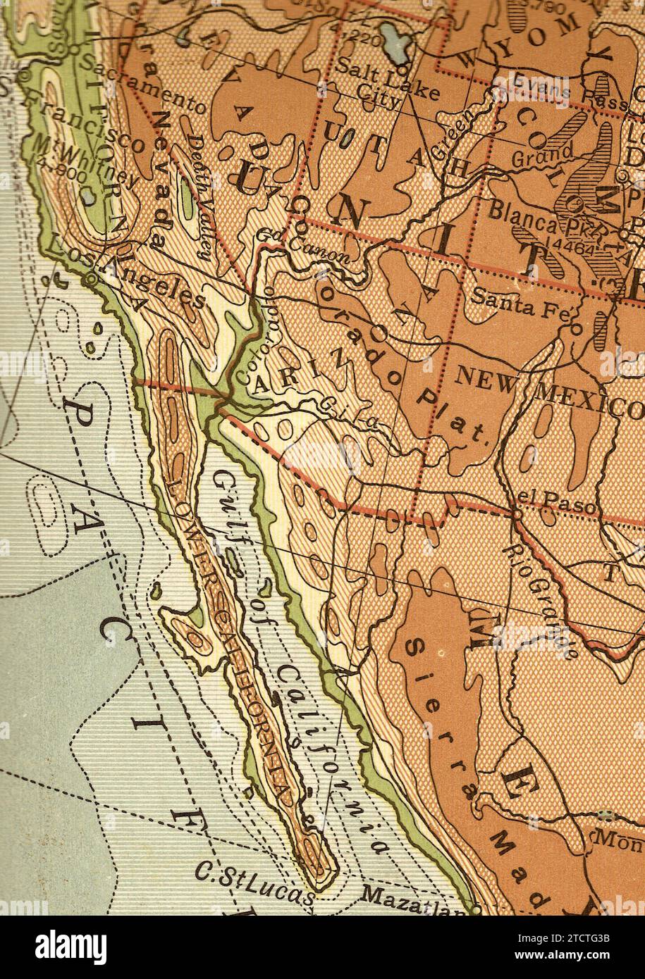 Une carte géographique vintage/antique en sépia des Etats-Unis montrant la Californie et la côte ouest. Banque D'Images