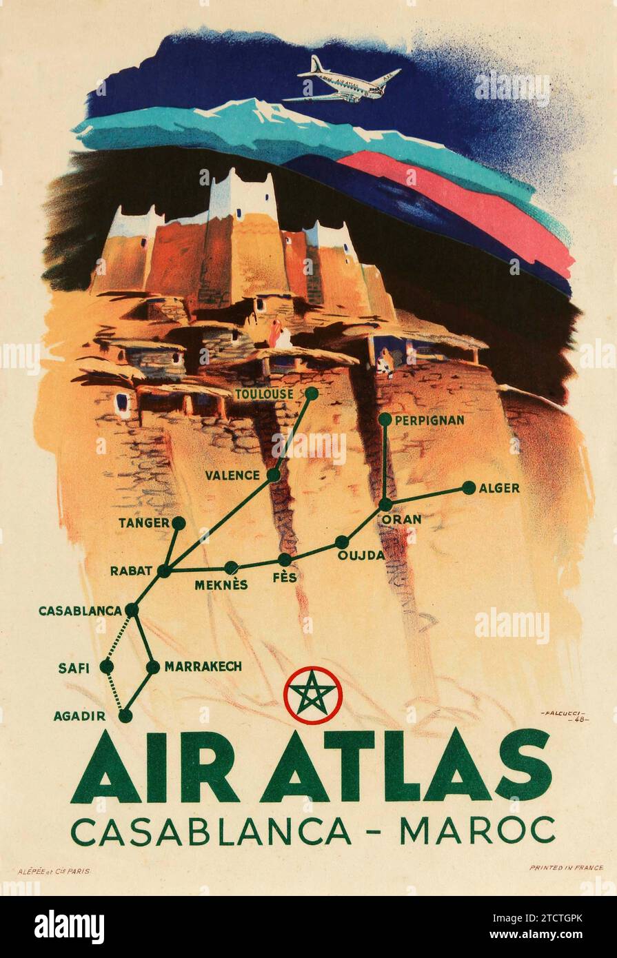 Robert Falcucci - Poster Vintage Air Atlas Mountains carte de voyage Casablanca Maroc Maroc 1948 Banque D'Images