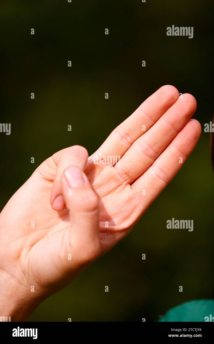 Boy scout en uniforme effectue un salut à trois doigts. Geste de la main symbole Scout. France. Banque D'Images