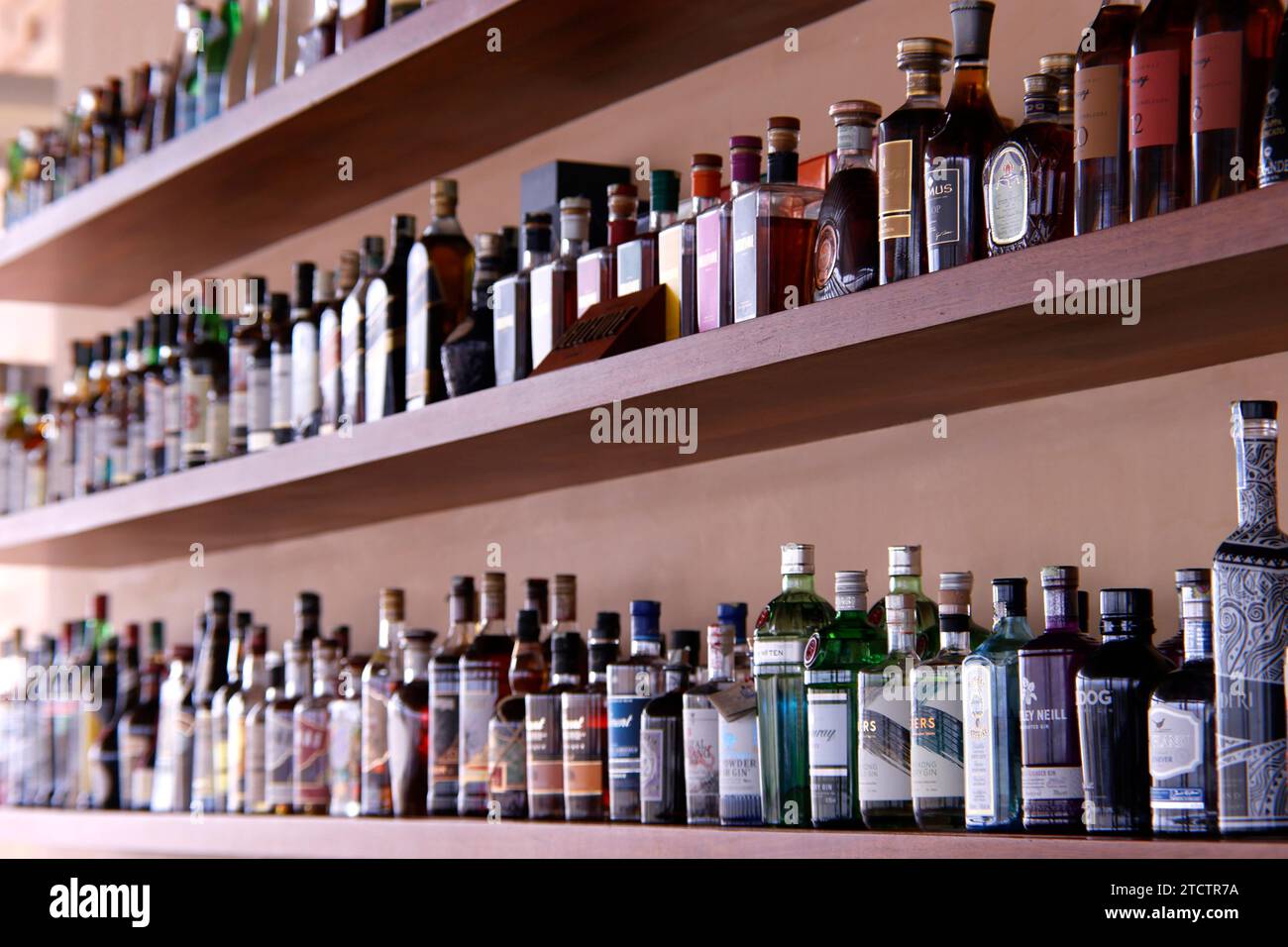 Grand choix de bouteilles dans un bar. Cocktail et alcool. Banque D'Images