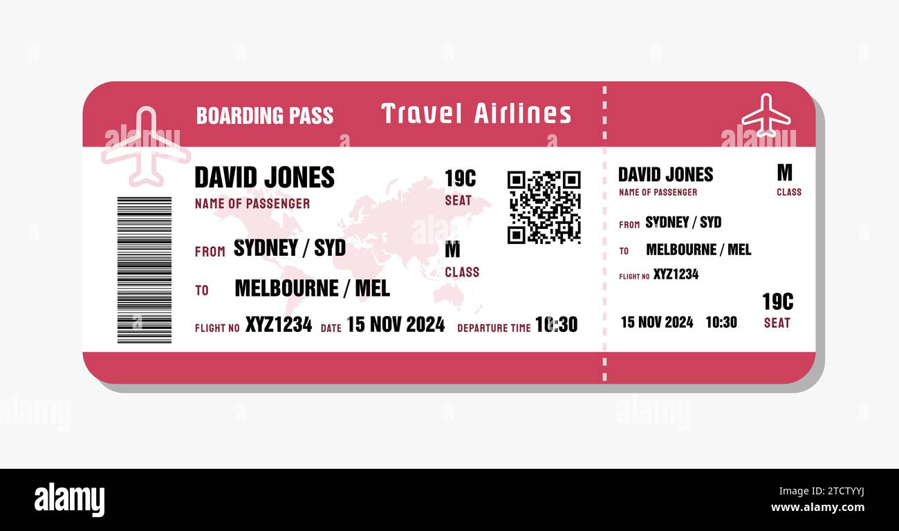 Billet pour Melbourne, Australie. Modèle de carte d'embarquement avec données génériques. Illustration vectorielle de billet d'avion de voyage avec code QR. Illustration de Vecteur