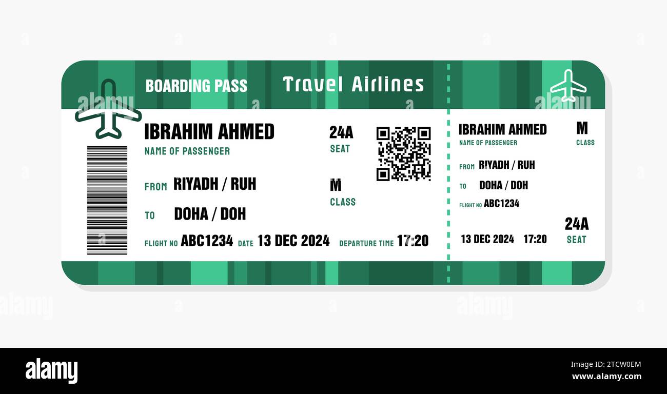 Billet pour Doha, Qatar. Modèle de carte d'embarquement avec données génériques. Illustration vectorielle de billet d'avion de voyage avec code QR. Illustration de Vecteur