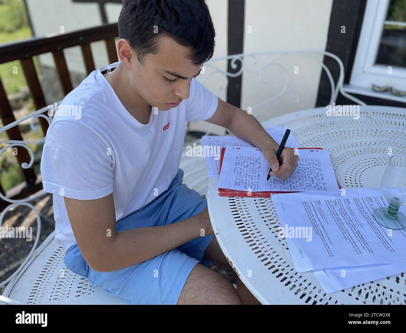 Etudiant du secondaire faisant ses devoirs au Mesnil en Ouche, France Banque D'Images