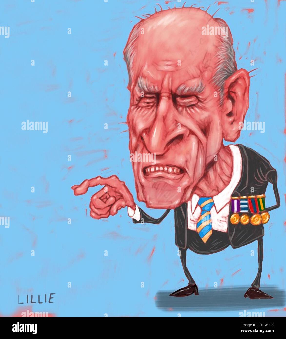 Caricature satirique dessin animé, Prince Philip, Duc d'Édimbourg, Philip Mountbatten, époux et épouse du monarque britannique, la reine Elizabeth II Banque D'Images