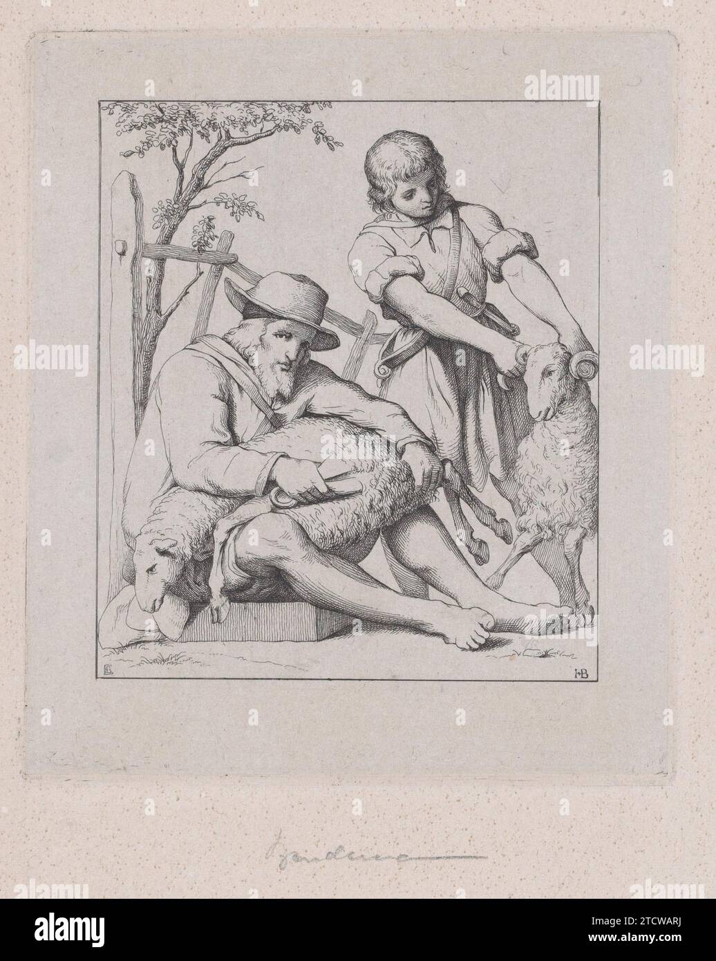 Deux hommes tondant des moutons 1949 par Eduard Julius Friedrich Bendemann Banque D'Images